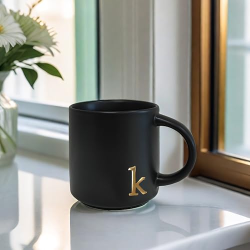 Black Ceramic Coffee Mug 15oz with Gold Monogram - Halloween Gift - Variation K