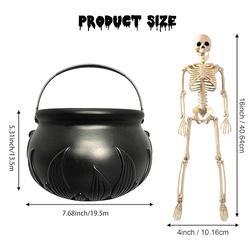 Cauldron Halloween Decor with Floating Potion Bottles & Skeleton Props - Witch Bucket Candy Bowl