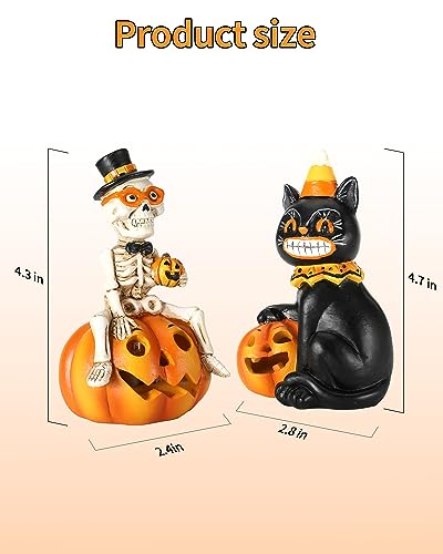 Halloween Indoor Decorations 2-Pack Resin Black Cat & Skeleton Pumpkin Lights