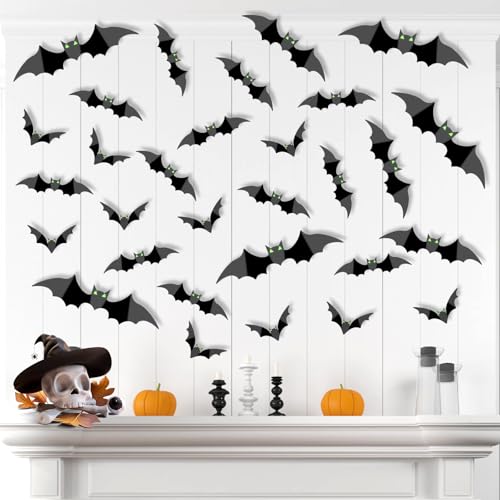 100Pcs Halloween 3D Bat Wall Decorations with Glow Eyes - Spooky Black Stickers for Indoor Decor