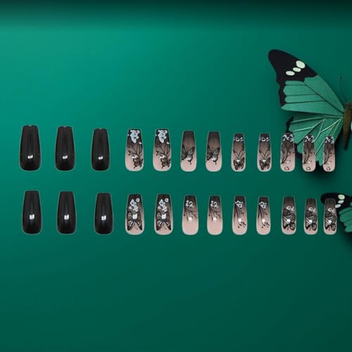 Square Black Butterfly Press On Nails with White Flower Design - Medium Coffin Fake Nails for Manicure