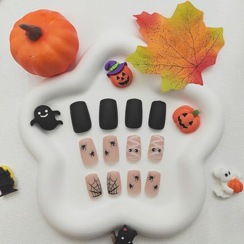 Halloween Press On Nails Short Square Fake Nails with Spider & Mummy Designs - Variation 35