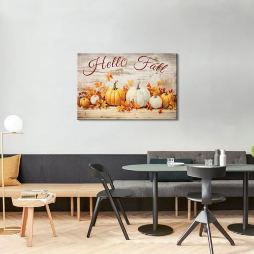 Fall Wall Art Pumpkin & Maple Leaves Canvas Decor - 48 x 32 Inches - Rustic Autumn Home Decor - Pumpkin-2 Variation