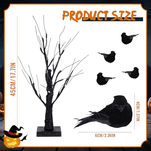 Halloween Tree & Bird Decoration Set with LED Lights - Black, 13 Pieces