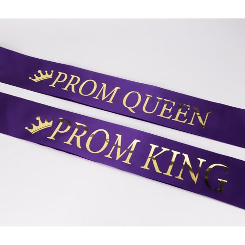 Purple Base Gold Words Prom Queen King Sash Decoration - 2 Pack