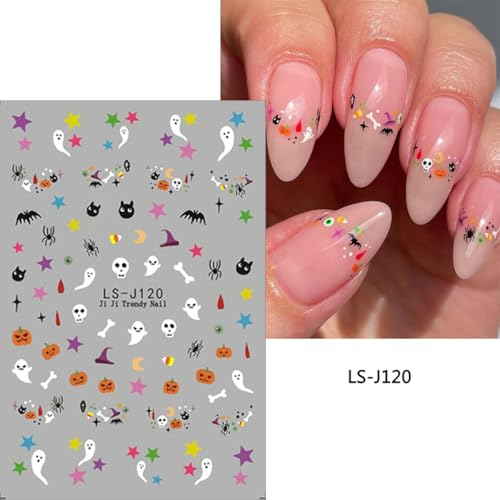 Halloween Ghost Nail Stickers - 3D Spider Bat Pumpkin Bone Design with Variation Flower Nail Stickers-3