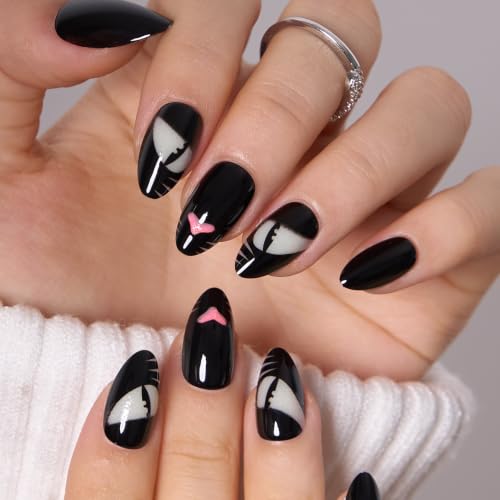 CurvLife Nocturnal Prowl Almond Press-On Nails - Soft Gel, Long-Lasting, Reusable