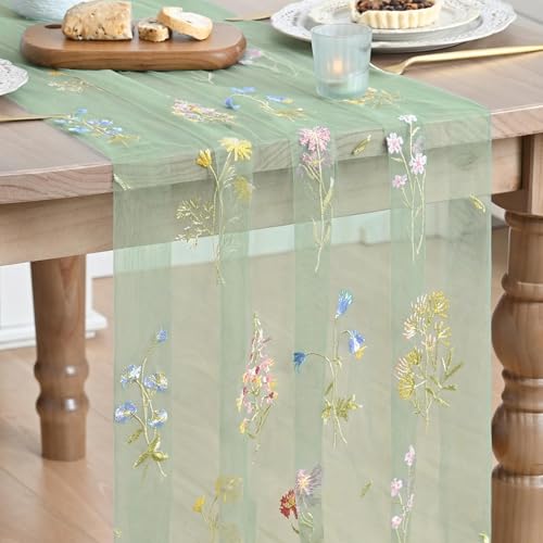 6PC Sage Green Floral Embroidery Table Runner Set - 28x120 Inches