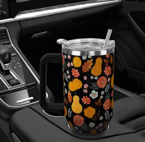 Fall Black Pumpkin Flower 40oz Tumbler with Handle - Halloween Decor Gift