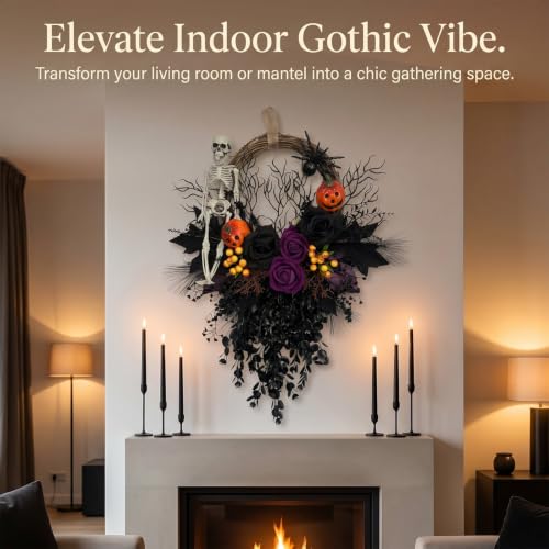 Halloween Gothic Skull Wreath for Front Door 16-Inch Spooky Decor