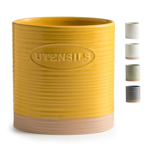 Ceramic Kitchen Utensil Holder with Yellow & Clay Finish - 6.7 Inches, Organize Countertop