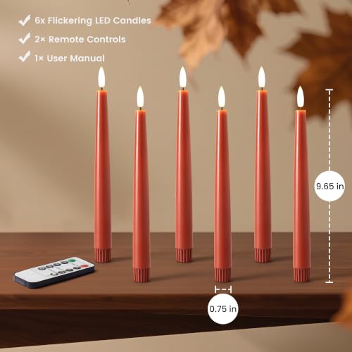 Velsyn Fall Decor Flameless Taper Candles with Remote - 6 Pack, Terracotta Variation