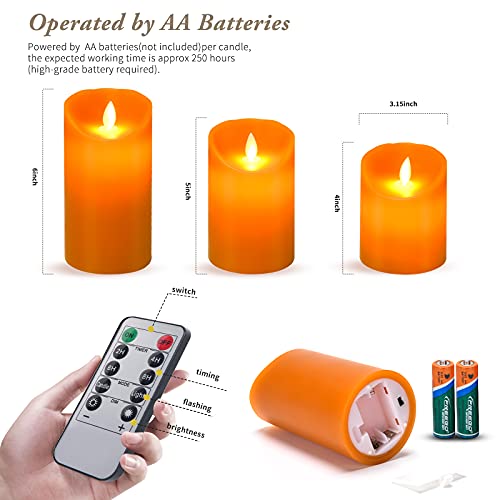 Flameless Flickering Candles Set with Remote Control - Pumpkin Color, 4, 5, 6 Inch