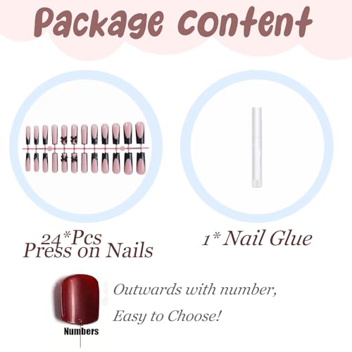 BABALAL ANV05 Long Square Fake Nails Black Goth French Tip 3D Texture Set - Bow Charm 24Pcs