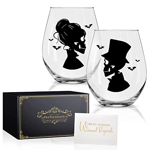 Skull Couple Wine Glasses Set of 2 - Halloween Gothic Gift Box