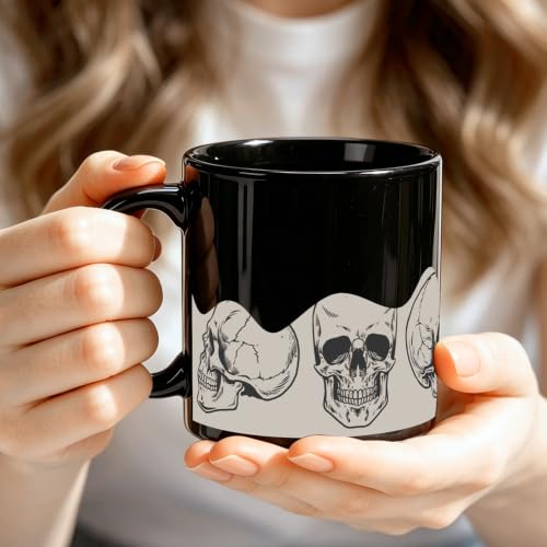 Half Skull Skull Coffee Mug 11oz - Spooky Halloween Black Ceramic Cup