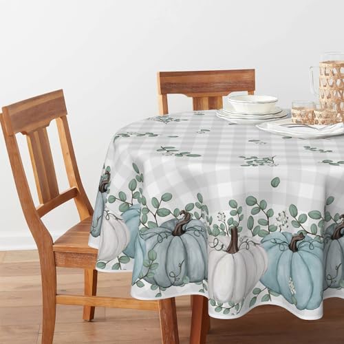 70x70 Inch Round Blue Fall Tablecloth with Pumpkin & Buffalo Plaid for Thanksgiving & Holiday Decor - Durable Polyester