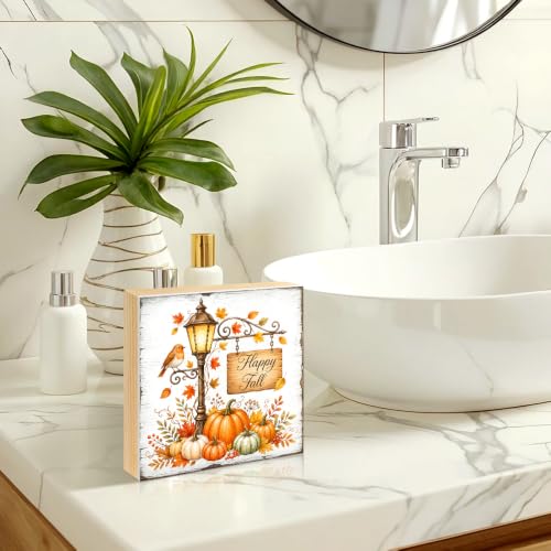 Happy Fall Harvest Pumpkins Wooden Block Plaque Sign - White089