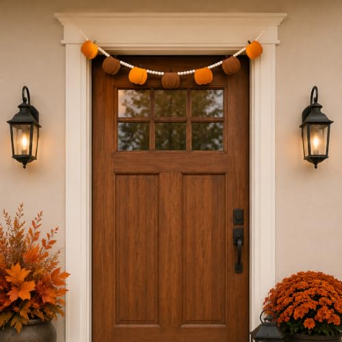 Fall Felt Pumpkin Bead Garland with Wooden Beads for Home Decor - Rustic Autumn Decoration