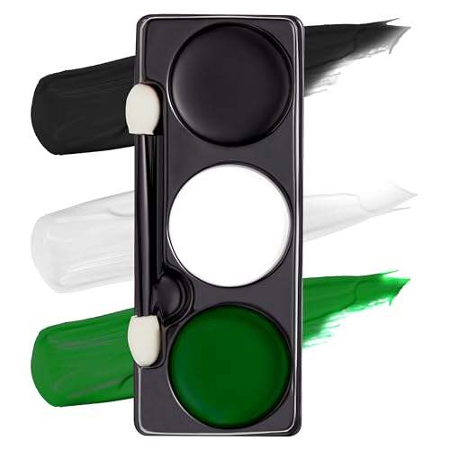 Halloween Makeup Palette with 3 Colors - Face & Body Paint, White Black Green, Includes Brush