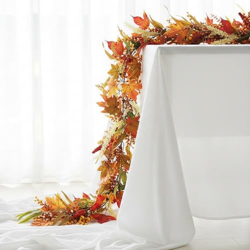 6FT Fall Maple Leaf Garland for Mantle Fireplace Table Decor - Autumn Harvest Wreath