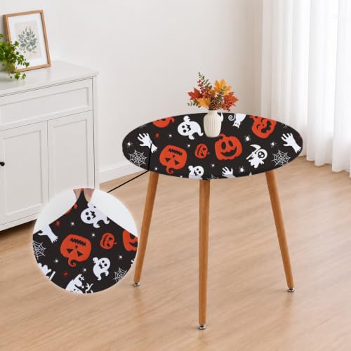 Small 24 Inch Halloween Fitted Tablecloth with Elastic Edge - Pumpkin Spiders Cobweb Bat Ghost Cat