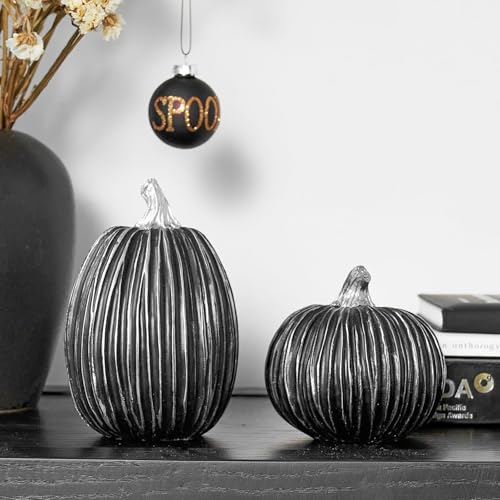Black Pumpkin Decor Set - 2 Faux Stacking Fall Halloween Indoor Decorations Variation of Black / Set of 2