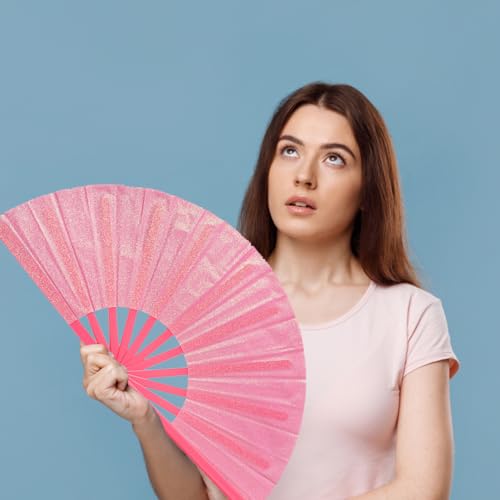 Large Folding Hand Fan Pink Glitter Party Festival Rave Concert Halloween - Light Pink