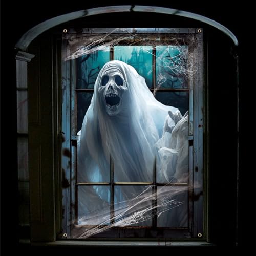 White Halloween Ghost Window Decoration - Large Spooky Haunted House Window Decor with Rope