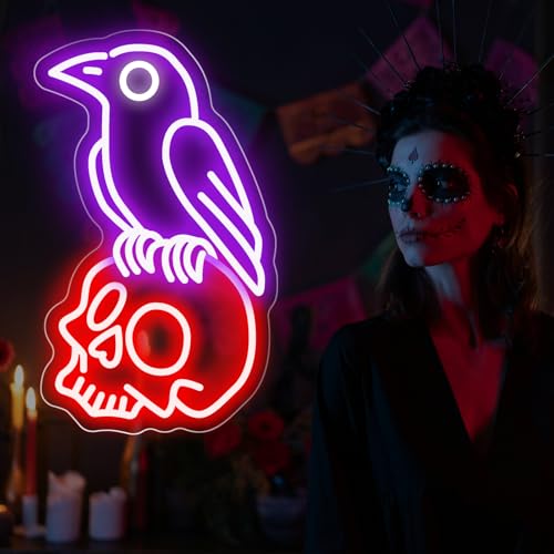 Gothic Raven on Skull Neon Sign - Purple & Red Skeleton LED Wall Light - Variation of Raven Skull-Purple Red