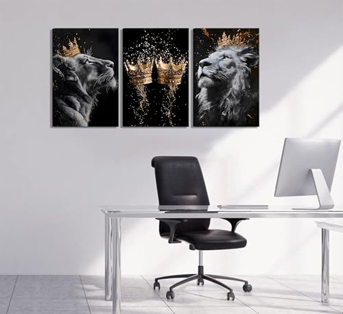 Lion Wall Art Canvas - 12x16 Inch Framed Animal Decor with Golden Crown - Lion Wall Decor