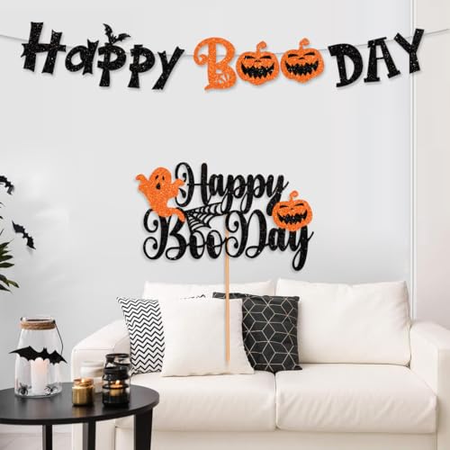 Halloween Banner and Cake Topper Set - Glitter Black Happy Boo Day Decorations