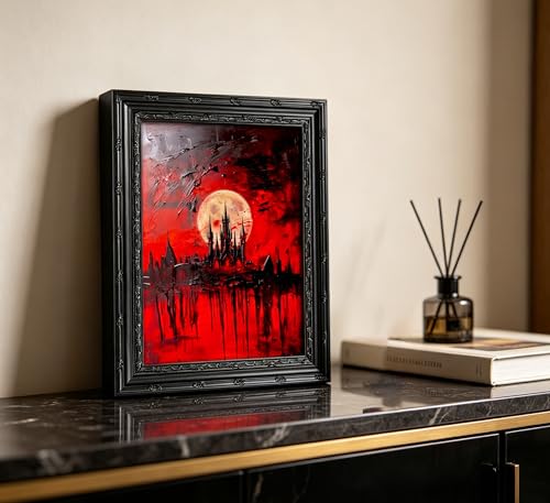 Blood Moon Castle Wall Art - Framed Gothic Canvas Print 16x12 Inches - Spooky Dark Academia Decor