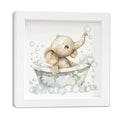 Elephant Bathroom Wall Art Decor - Kids Nursery Wall Hanging, Wooden Frame, 7x7 Inch - Bath Elephant