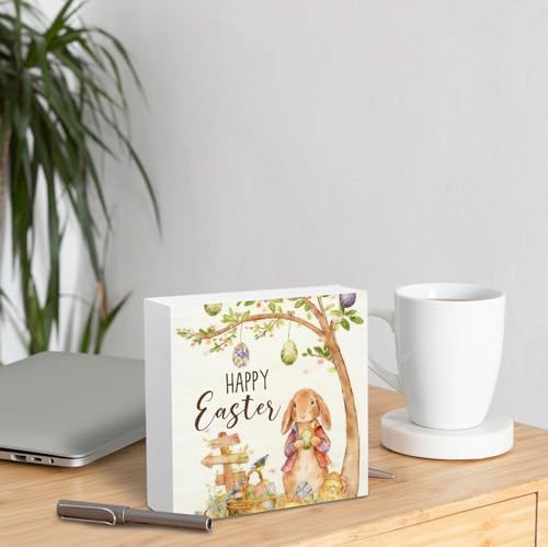 HYKDFMNCJ Bunny04 Easter Bunny Wooden Sign - Spring Desk Decor 5x5 Inch