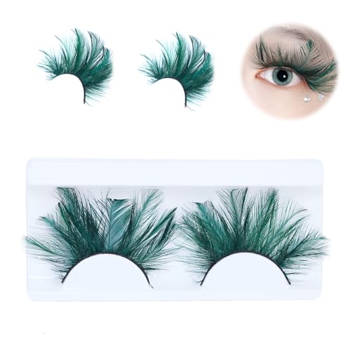 Green Feather False Eyelashes for Halloween Cosplay - Extra Long, Wispy Look - Variation: Green-8234