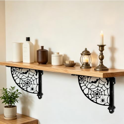 Spider Pattern Heavy Duty Decorative Shelf Brackets - Black Iron Wall Mount Support - Set of 2