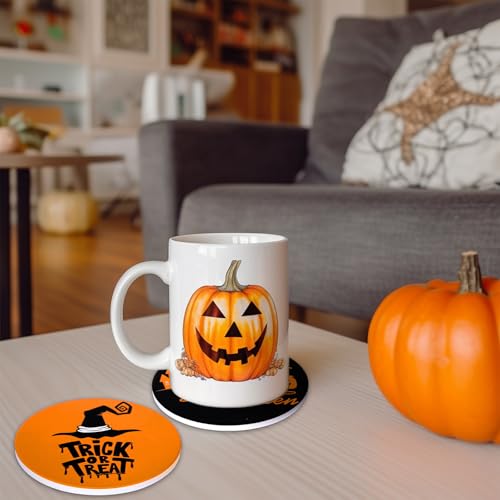 Halloween Ceramic Coasters Set - Orange and Black Trick or Treat Drink Mats for Table Protection