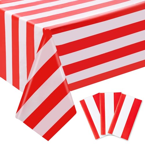 Red and White Striped Plastic Tablecloth 54x108 Inch - 3 Pack, Waterproof & Disposable - Horizontal Red Stripe