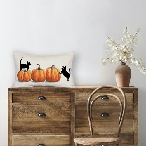 Halloween Pillow Cover 12x20 with Pumpkins & Black Cats - Dogs Variation