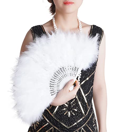 White Vintage Feather Fan 20s Flapper Dance Accessory for Gatsby & Roaring 20s Parties
