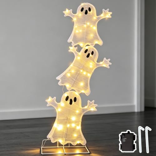 Halloween Decorations Lighted 3 Stacked Ghosts - Battery Operated LED Ghost Yard Sign with Timer, Indoor Outdoor Holiday Decor