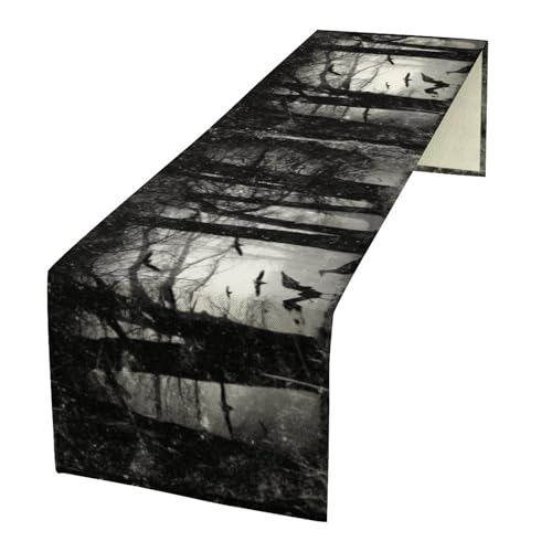 Gothic Forest Crow Table Runner 13x36 Inch - Mysterious Black Birds Decor