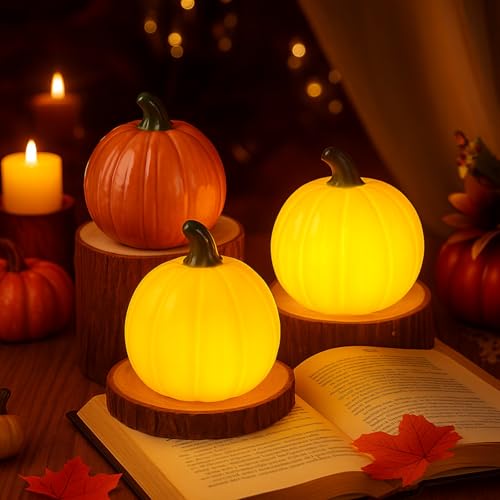 3 Pack Fall Ceramic Light Up Pumpkin Decor - Pumpkin Color, 3.94 x 3.5 Inches
