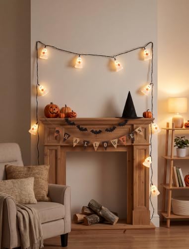 Halloween Ghost String Lights - 8.5Ft Plug-In LED Decor with 10 White Ghosts - Connectable Outdoor Lighting - Spooky Home & Garden Decoration