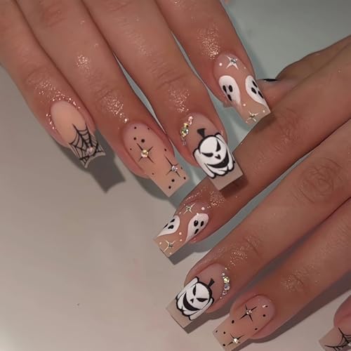 Halloween Press On Nails - Medium Square Fake Nails with Gem Rhinestones & Spider Web Design - Horror Ghost Variation 14