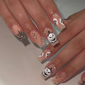 Halloween Press On Nails - Medium Square Fake Nails with Gem Rhinestones & Spider Web Design - Horror Ghost Variation 14