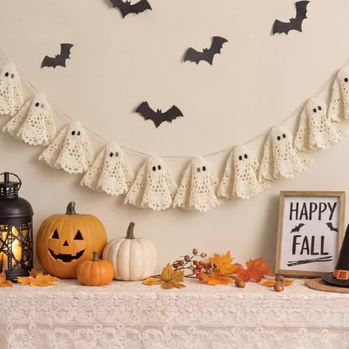 Halloween Ghost Garland 6.5 ft Lace Crochet Decorations for Autumn & Party