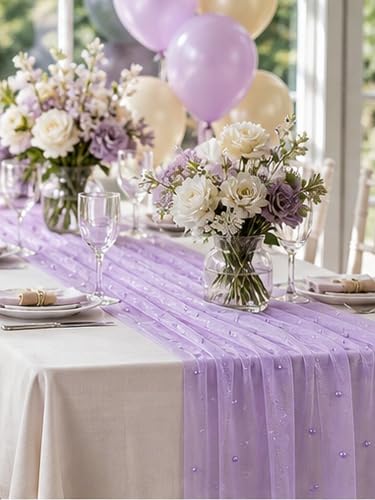 Lilac Purple Pearl Gauze Table Runner 120 Inch - 10PCS Wedding Party Decor