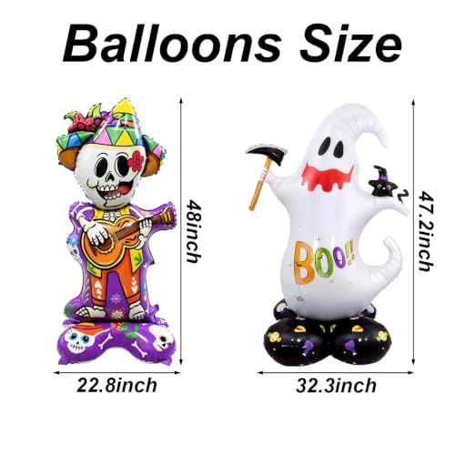 Halloween Standing Ghost and Sugar Skull Foil Balloons Set - Reusable Party Decor